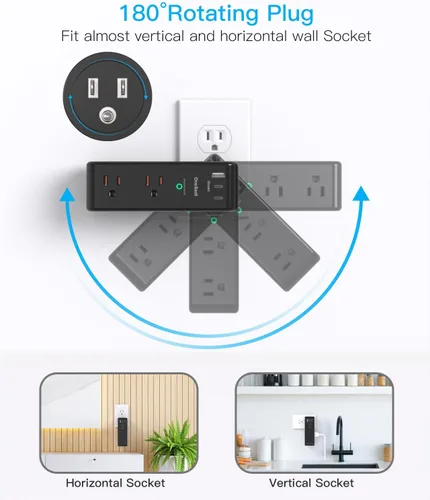 Vista 2 de Extensor de salida con protector de sobretensiones con enchufe giratorio, 6 tomas de corriente alterna con 3 puertos USB (2 USB C), cargador
