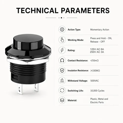 Vista 4 de Interruptor de botón momentáneo, mini interruptor redondo sin bloqueo, CA 250 V/3 A CA 125 V/6 A, tapa negra de apagado (10 piezas)