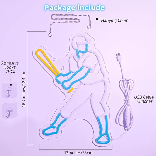 Vista 4 de Letrero de neón de jugador de béisbol, luz LED regulable de béisbol y decoración de pared para dormitorio de niños, cueva de hombres y fiestas