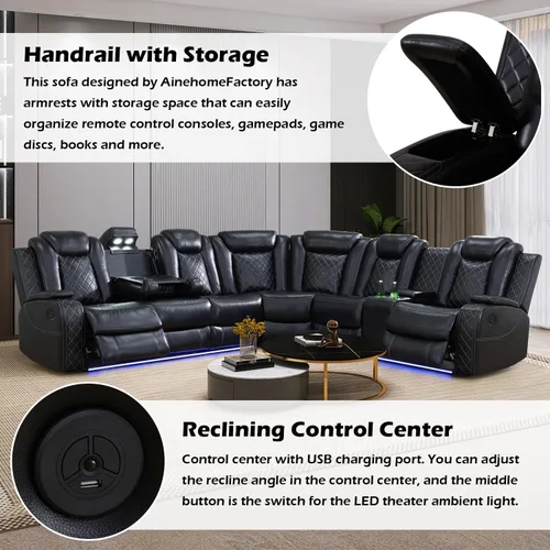 Vista 6 de Sofá Seccional Reclinable Eléctrico, Sofá Modular Seccional Reclinable de Cuero Negro, Sofá de Cuero en Forma de L con Luces LED/Cargador