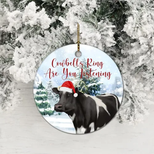 Vista 2 de Adorno redondo de cerámica de Navidad de recuerdo, anillo de campanas de cerveza, animal de vaca, árbol de nieve, adorno de 3 pulgadas para fiesta