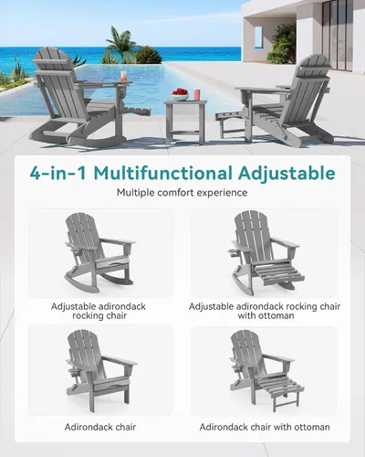 Vista 5 de Silla mecedora Adirondack ajustable con otomano retráctil, silla plegable multifuncional 4 en 1 para patio con portavasos, silla de exterior