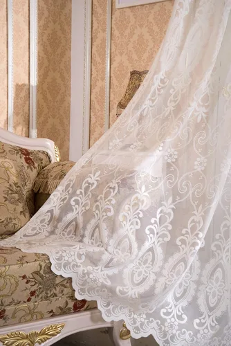 Vista 6 de Lujosas cortinas transparentes de encaje jacquard con bolsillo para cortinero, para sala de estar, dormitorio, balcón