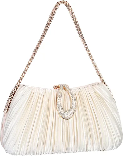 Vista 4 de FALETO Bolso de mano para mujer, de satén, plisado, de noche, bolso de mano de boda, con cadena, para baile de graduación, cóctel, fiesta
