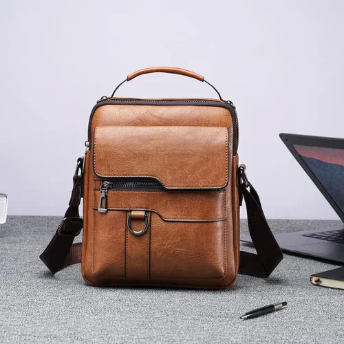 Vista 6 de Bolso cruzado de cuero para hombre, pequeño, bolso de hombro para iPad de 9.7 pulgadas, viajes, ciclismo, senderismo, oficina, negocios, D-Marrón