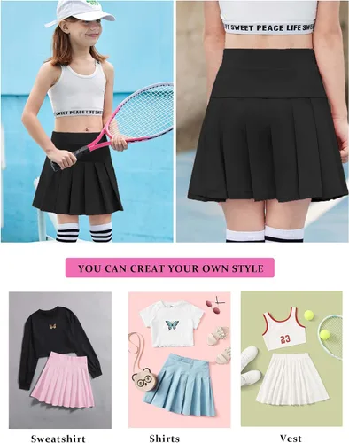 Vista 8 de Arshiner Faldas de tenis para niña con pantalones cortos, falda plisada atlética, falda pantalón de entrenamiento con bolsillos para niños de 4 a 13