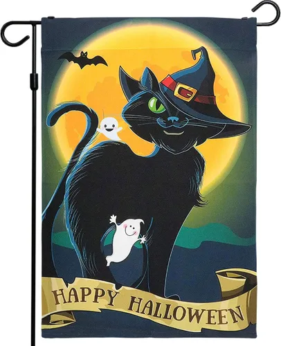 Vista 12 de G128 - Bandera de jardín de Halloween, cita de truco o trato con bonito búho, decoraciones de jardín y patio, bandera rústica de temporada para 12 x