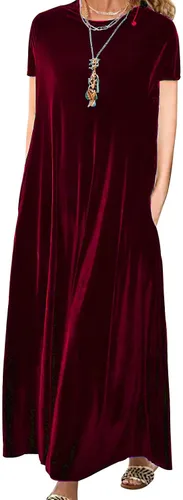Vista 11 de Vestido de terciopelo para mujer, formal, casual, linda, cuello redondo, elegante, de manga corta, con bolsillo