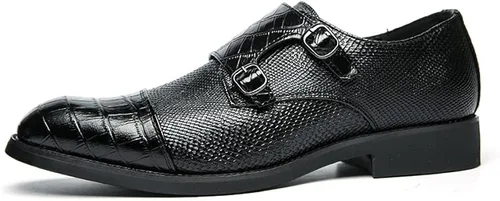 Vista 2 de HuitJours Men Black Blue Snakeskin Slips on Dress Shoes Double Monk Straps Classic Loafers Zapatos de Vestir para Hombre