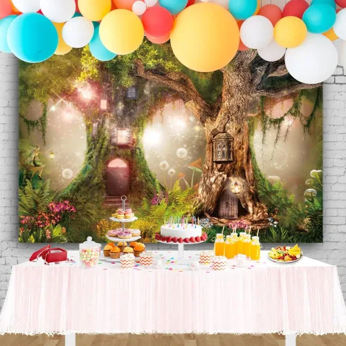 Vista 3 de Telón de fondo de bosque de hadas de 7 x 5 pies, bosque encantado, selva, fondo de fotografía para baby shower, niños, jardín mágico, cuento