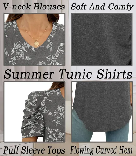 Vista 5 de Anydeer Blusa holgada de verano con mangas abombadas para mujer, estilo casual, cuello en V, sin botones