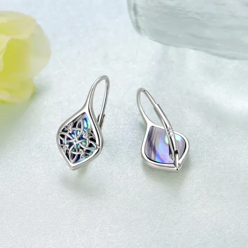Vista 3 de Aretes de nudo de bruja celta de plata de ley 925, aretes de bruja de concha de abulón, aretes celtas con nudo de bruja, regalos de joyería