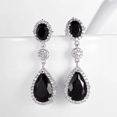 Vista 2 de SELOVO Pendientes colgantes con forma de lágrima en tono plateado para fiestas, Plata Circonita cúbica, Circonia cúbica