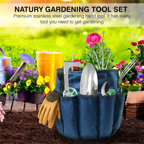 Vista 2 de Juego de herramientas de jardín – Herramientas de mano de jardinería de acero inoxidable premium con mango de madera de haya maciza – Kit