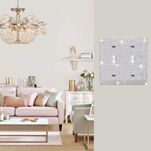 Vista 14 de Placa de pared con diamantes de imitación plateados brillantes plateados, placa de cubierta de interruptor de luz, cubierta de enchufe de grano