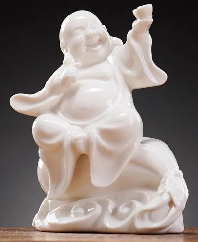 Vista 6 de QINLANG Pequeña estatua de Buda riendo blanca de cerámica para buena suerte, estatua de Buda feliz de la suerte sentado en bolsa de dinero