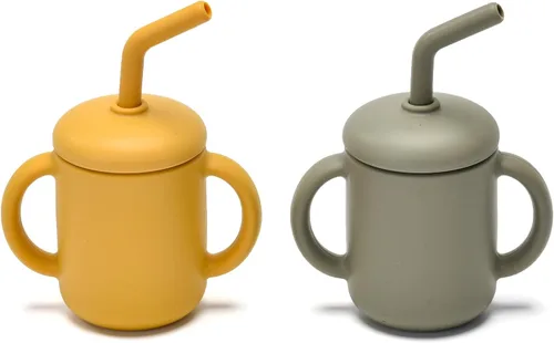 Vista 8 de Paquete de 2 tazas para beber 100% silicona para bebé, taza pequeña de entrenamiento de silicona con asas y popote para bebés y niños pequeños verde
