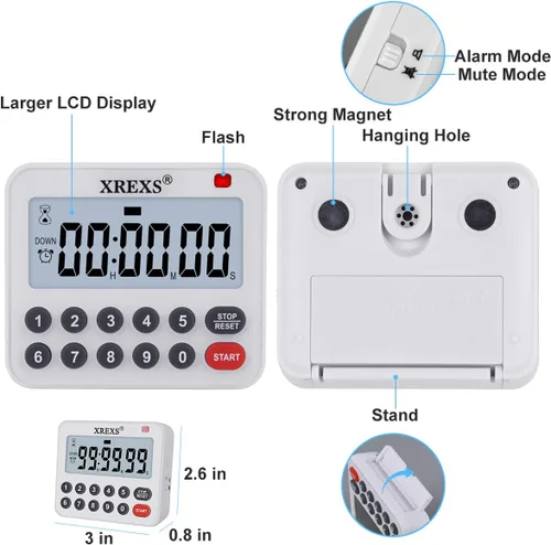 Vista 4 de XREXS Temporizador digital de cocina, cuenta regresiva magnética, alarma fuerte para cocinar y silenciar opcional, imán y soporte, temporizador
