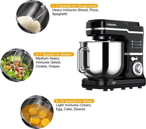 Vista 6 de Batidora de pie de 7.5QT, mezclador eléctrico de cocina de cabeza Negro