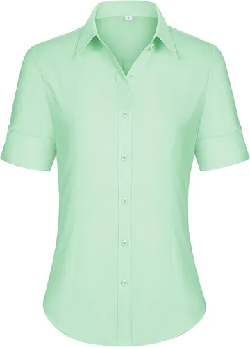 Vista 20 de siliteelon Camisas de vestir de manga corta con botones para mujer, camisas de algodón con botones para mujer, blusa ajustada de manga 3/4