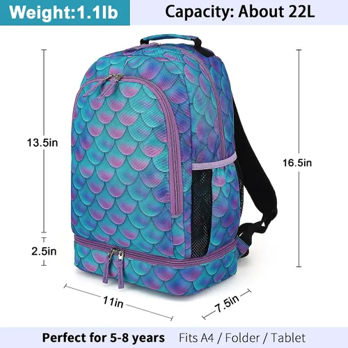 Vista 2 de DIPUG Mochila escolar para niños y niñas, con compartimento para lonchera, Mermaid Scales, Impreso