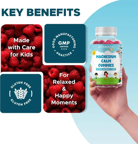 Vista 6 de Vitamatic Gomitas calmantes de magnesio para niños, 60 unidades, veganas, gran sabor, promueven el apoyo saludable, muscular, óseo y energético