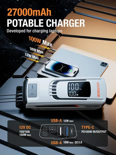 Vista 4 de YESPER Paquete de batería de arranque de impulso 4120A 27000mAh Cargador de batería de coche Arrancador auxiliar (todo gas/hasta 10L diésel) 100W