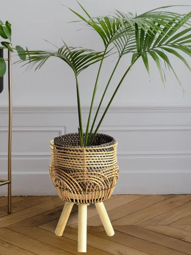 Vista 4 de Soporte para maceta de bambú tejido de ratán con patas, contenedor tejido a mano para decoración de sala de estar, balcón (#1)