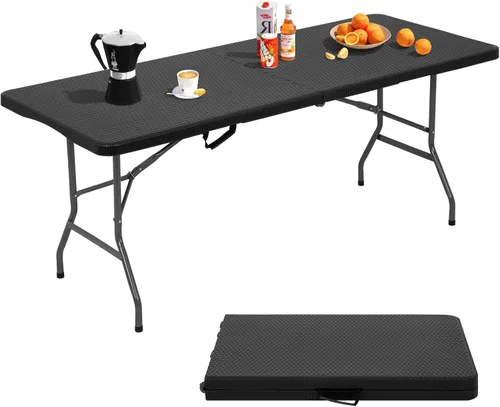 Vista 12 de Dkeli Mesa plegable de 4/6 pies para interiores y exteriores, mesa de plástico resistente, portátil, plegable, para camping, comedor, mesa de Negro