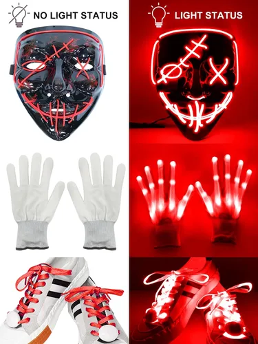 Vista 3 de Juego de 3 máscaras LED de Halloween con luces y cordones brillantes máscara de miedo disfraz de Halloween fiesta de cosplay para adultos y niños