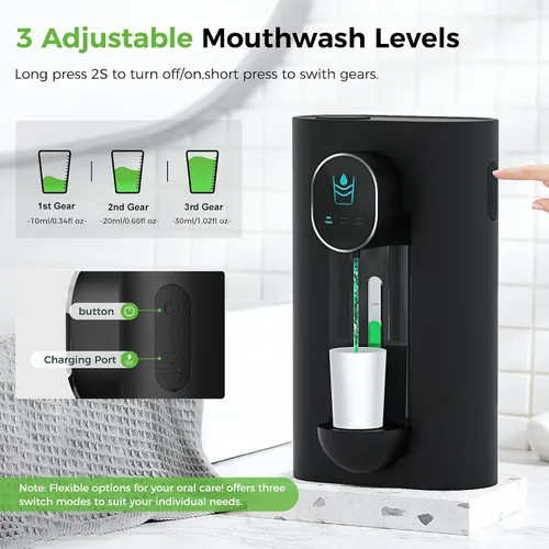 Vista 4 de Oylik Dispensador automático de enjuague bucal de 18.26 onzas, dispensador de enjuague bucal sin contacto para baño, 2 tazas magnéticas recargables