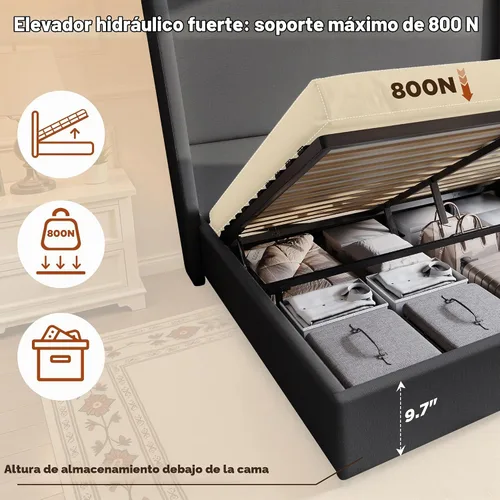 Vista 5 de PaPaJet Cama de Almacenamiento con Elevación Tamaño Queen, Marco de Cama Plataforma Tapizada con Almacenamiento Hidráulico/Cabecera Moderna Gris
