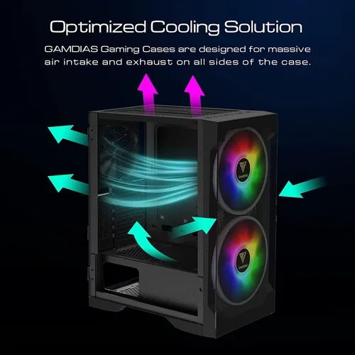 Vista 12 de GAMDIAS ATX Mid Tower - Carcasa para computadora de videojuegos para computadoras de escritorio y PC, 2 ventiladores ARGB LED de 7.874 in