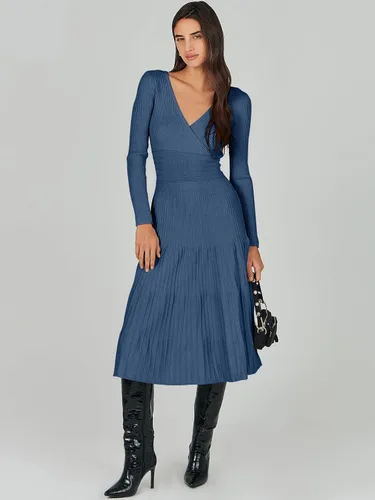 Vista 8 de ANRABESS Vestido midi cruzado tipo suéter para mujer, manga larga, cuello en V, cintura alta, acanalado, plisado, vestido acampanado