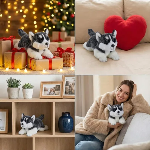 Vista 6 de CU-MATE Juguetes de peluche para perros Husky siberianos de 16 pulgadas, simulación realista y realista, juguete de peluche hecho a mano, regalo
