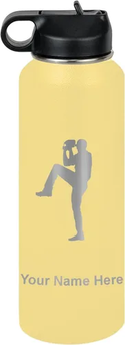 Vista 70 de LaserGram Botella de agua personalizada, jarra de béisbol, acero inoxidable de doble pared aislada al vacío con popote superior, regalo grabado Negro