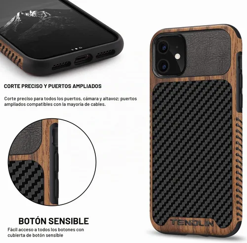Vista 5 de TENDLIN Compatible con iPhone 11 Funda de grano de madera con textura de fibra de carbono, diseño híbrido de cuero, color negro