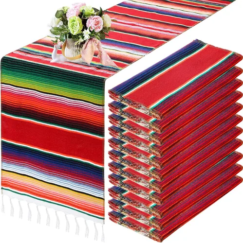 Vista 13 de Tegeme 12 Piezas Caminos de Mesa Mexicanos 14 x 84 Pulgadas Camino de Mesa Mexicano Serape Manta Decorativa con Flecos de Algodón Decoración
