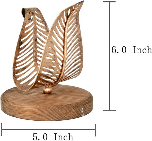 Vista 7 de OwlGift Servilletero moderno independiente con hoja de metal de bronce y diseño de base de madera marrón, dispensador de pañuelos de mesa