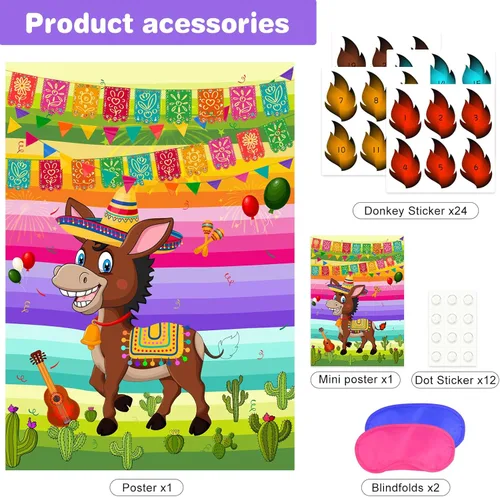 Vista 3 de NEBURORA Pin The Tail on The Donkey Juego de burro mexicano con 24 colas para fiesta del Cinco de Mayo, fiesta mexicana, fiesta temática de taco