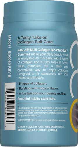 Vista 3 de NeoCell - Gomitas bio-péptidos de colágeno múltiple 60 unidades Sabor tropical Tipo I, II, III, V, X Fórmula BioActive avanzada