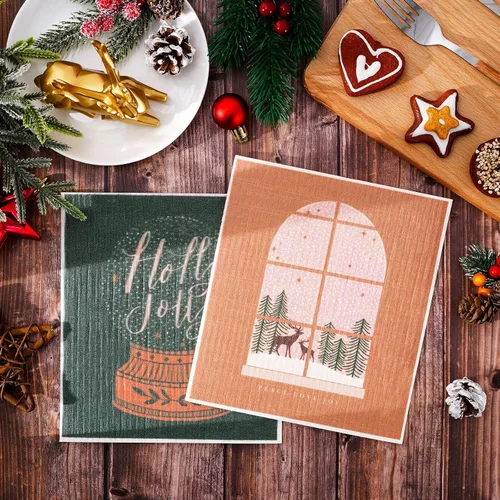 Vista 4 de Whaline 6 paños de cocina suecos de Navidad, bohemios, de Navidad, reutilizables, lavables, de algodón, suecos, para Navidad, invierno, vacaciones