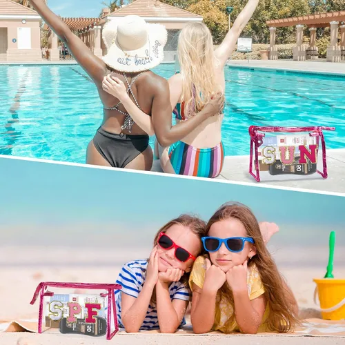 Vista 5 de COSHAYSOO Bolsa de Maquillaje Transparente con Protección Solar, Bolsa de Protector Solar con Parches de Letras, Accesorios Esenciales de Playa