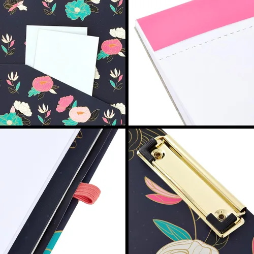 Vista 4 de Paper Junkie Carpeta portapapeles floral con bloc de notas y almacenamiento, 13 x 9 pulgadas, color negro clásico, clip de perfil bajo, bolsillo