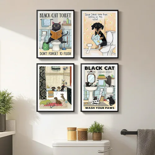 Vista 19 de Arte de pared divertido de vaca de las tierras altas enmarcado para baño, 4 piezas de divertidos animales, impresiones artísticas azul marino, linda