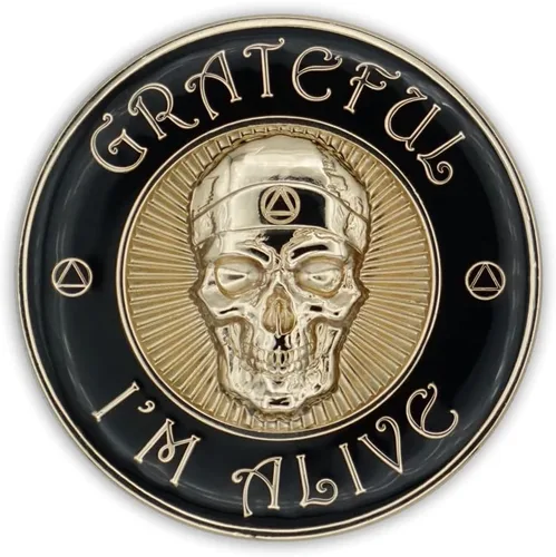 Vista 2 de The Token Shop - Moneda de sobriedad de Grateful I'm Alive, medallón de chip AA de calavera esculpida en 3D, alcohólicos anónimos de oración de Oro
