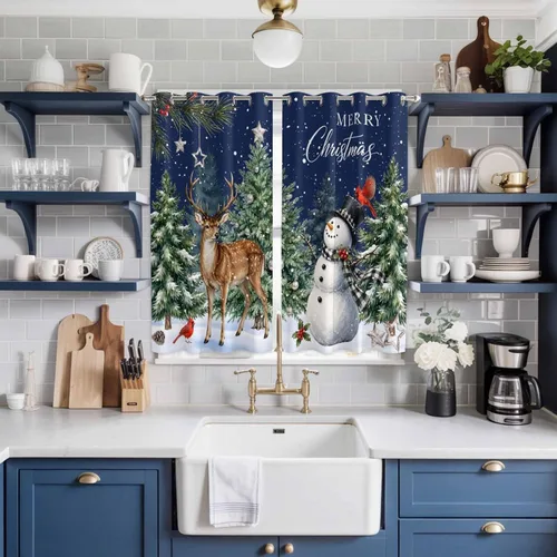 Vista 51 de Libaoge Cortinas de Navidad para cocina, dormitorio, juego de 2 paneles, diseño de muñeco de nieve de Navidad, cortinas de invierno con copos