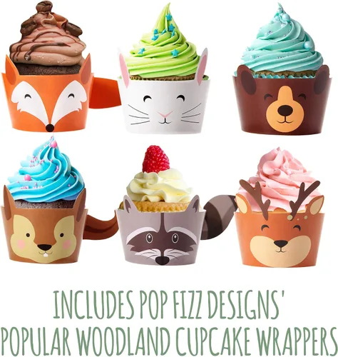 Vista 5 de Pop Fizz Designs Woodland Creatures Party Pack Platos, servilletas, vasos, cubiertos y envoltorios de cupcakes