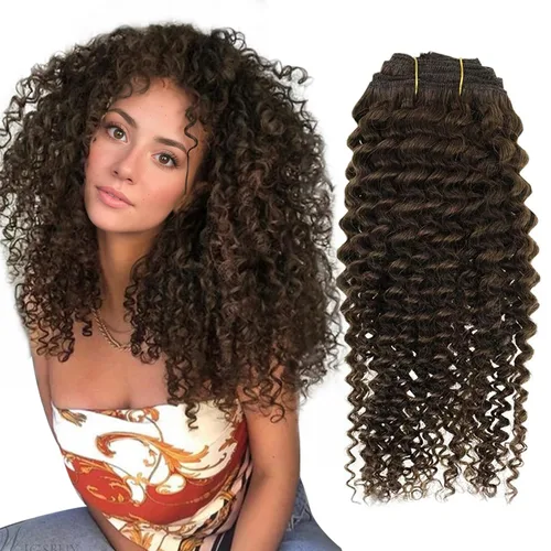 Vista 22 de Hetto . Extensiones de cabello humano rizado con clip, color #1 negro azabache, extensiones de cabello humano ondulado natural para cabeza completa