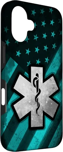 Vista 3 de Funda para iPhone 16 EMT EMS Paramédico Azul Turquesa USA Bandera Americana